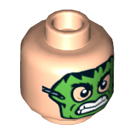 Lego Minifig Head Masked Robber, Dual Sided, Bandaged Brow and Bruised Cheek / Green Hulk Mask Print [Hollow Stud]