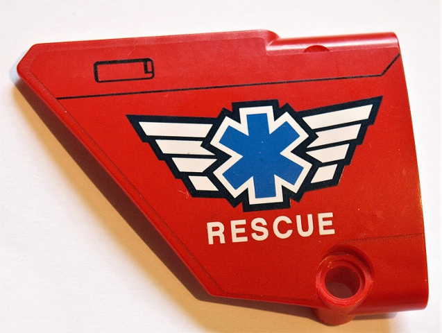 Lego Technic, Panel Fairing #13 Large Short Smooth, Side A with EMT Star of Life and 'RESCUE' Pattern (Sticker) - Set 8068 / Red