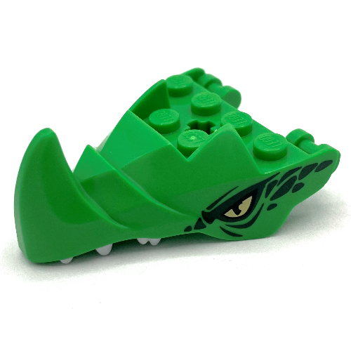 Lego Creature Body Part, Dragon Head Lower Jaw with 6 Studs on Top, Spike, Dark Green Markings, Yellow Eye, White Teeth Print / Bright Green