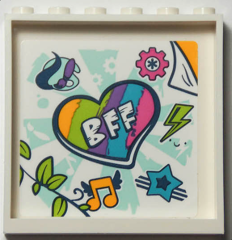 Lego Panel 1 x 6 x 5 with 'BFF' on Rainbow Heart, Paint Palette, Gear, Lightning Bolt, Star, Music Note, and Leaves Pattern (Sticker) - Set 41395 / White