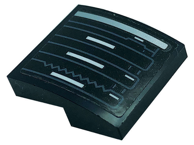Lego Slope, Curved 2 x 2 x 2/3 with White, Silver, and Dark Bluish Gray Lines Pattern (Sticker) - Set 76139 / Black