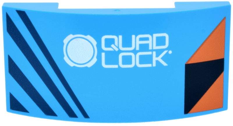 Lego Slope, Curved 4 x 2 x 2/3 Double with Orange and Black Triangles, Dark Blue Diagonal Stripes and White 'QUAD LOCK' and Logo Pattern