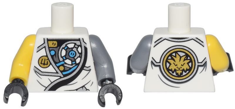 Lego Torso Ninjago Robe with Exposed Mechanical Parts, Ninjago Logogram Letter Z, and Gold Lion on Back Pattern / Flat Silver Arm Left / Yellow Arm Right / Black Hands