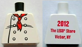 Lego Torso Chef with 8 Buttons, Long Red Neckerchief Scarf Front, 2012 The LEGO Store Victor, NY Back Pattern / White
