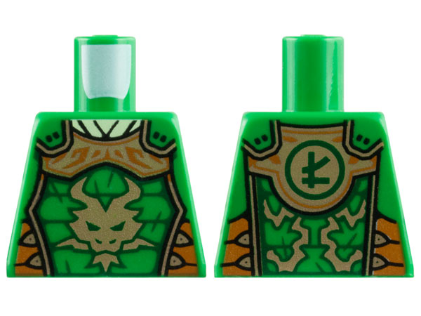 Lego Torso Armor, Gold Mantle and Dragon, Dark Orange Trim, Dark Green Ninjago Logogram Letter L on Back Pattern / Green