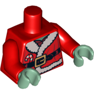 Lego Torso Santa Jacket with Fur, Black Belt and Candy Cane Print, Red Arms, Sand Green Hands