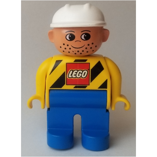 Lego Duplo Figure, Early, Hard Hat White, Blue Legs, Stubble, with Black Stripes and LEGO Logo Print, / Yellow