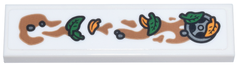 Lego Tile 1 x 4 with Silver Drain, Green and Bright Light Orange Leaves and Medium Nougat Mud Pattern (Sticker) - Set 76437
