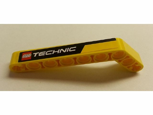 Lego Technic, Liftarm, Modified Bent Thick 1 x 9 (7 - 3) with Black Line and LEGO TECHNIC Logo Pattern Model Right Side (Sticker) - Set 8265 / Yellow