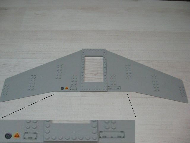 Lego Wing Plate 20 x 56 with 6 x 10 Cutout and No Holes with Filler Cap, Warning Sign and Hatches Pattern (Stickers) - Set 7894