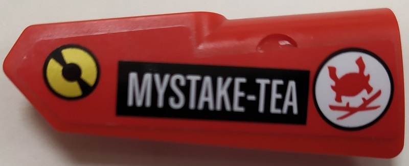 Lego Technic, Panel Fairing #22 Very Small Smooth, Side A with Red Samurai Helmet, Crossed Swords and 'MYSTAKE-TEA' Pattern (Sticker) - Set 70596