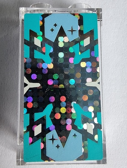 Lego Panel 1 x 2 x 3 with Side Supports - Hollow Studs with Bright Light Blue and Medium Azure Snowflake on Silver Holographic Glitter Background Pattern (Sticker) - Sets 41148 / 43172 / Trans-Clear