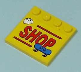 Lego Tile, Modified 4 x 4 with Studs on Edge with Red 'SHOP' and Lines, Blue Skateboard, White Helmet Pattern (Sticker) - Set 7641