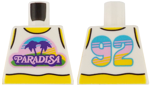 Lego Torso Tank Top Cropped with Bright Pink and Dark Purple Paradisa Logo, Yellow Neck and Stomach, '92' on Back Pattern / White