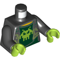 Lego Torso Open Jacket over Dark Green Shirt with Lime Pixelated Alien Print, Black Arms, Lime Hands / Black