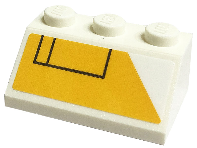 Lego Slope 45 2 x 3 with Yellow Background and White Triangle Cutout with Two Black Rectangles Pattern Model Left Side (Sticker) - Set 75290 / White