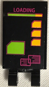 Lego Tile, Modified 2 x 3 with 2 Clips with Magenta 'LOADING' and Light Orange and Lime Elements Pattern (Sticker) - Set 79117 / Black