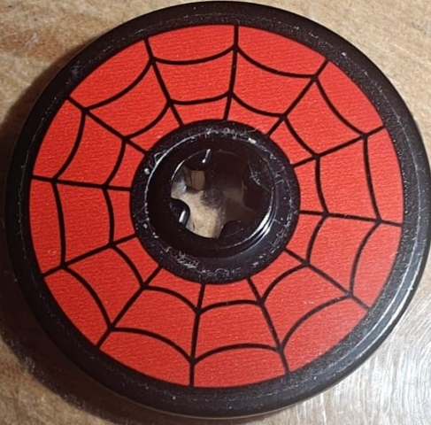 Lego Technic, Disk 3 x 3 with Spider Web on Red Background Pattern (Sticker) - Set 76174 / Black