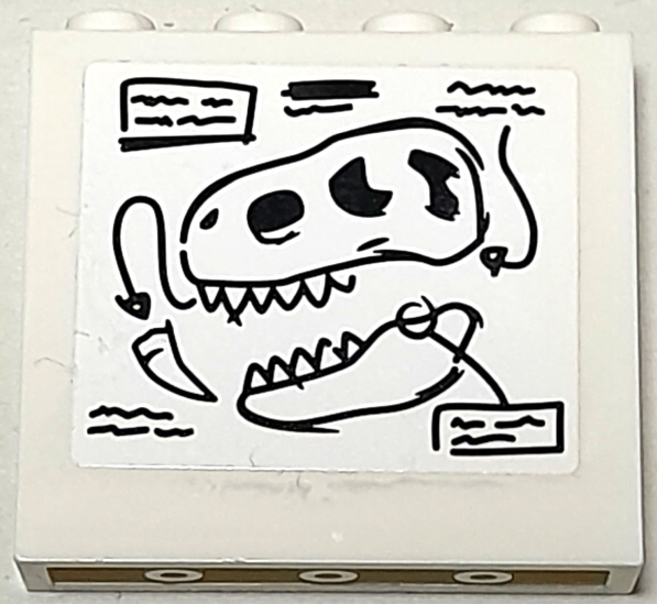 Lego Panel 1 x 4 x 3 with Side Supports - Hollow Studs with Black Tyrannosaurus rex Skeleton Head Sketch and Writing Pattern (Sticker) - Set 76940 / White