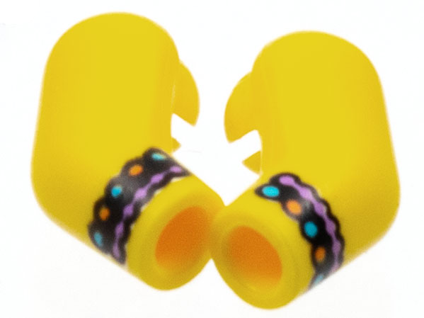 Lego Arm, (Matching Left and Right) Pair with Black Cuffs, Medium Lavender, Medium Azure, and Orange Trim Pattern / Yellow
