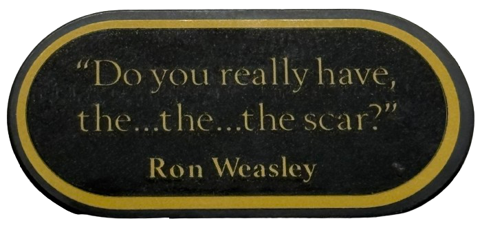 Lego Tile, Round 2 x 4 Oval with Gold Border, '"Do you really have, the...the...the scar?"' and 'Ron Weasley' Pattern (Sticker) - Set 76450