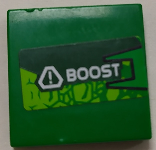 Lego Tile 2 x 2 with Lime Scales and White Exclamation Mark in Triangle and 'BOOST' Pattern Model Right Side (Sticker) - Set 8114