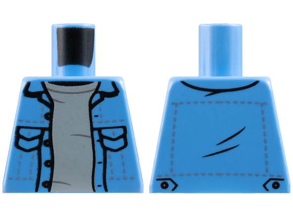 Lego Torso Denim Jacket Open with Pockets over Light Bluish Gray Shirt Pattern / Medium Blue