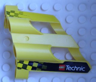 Lego Technic, Panel Fairing # 2 Large Short, Large Holes, Side B with Checkered Flags and LEGO Technic Logo Pattern (Stickers) - Set 8445 / Yellow