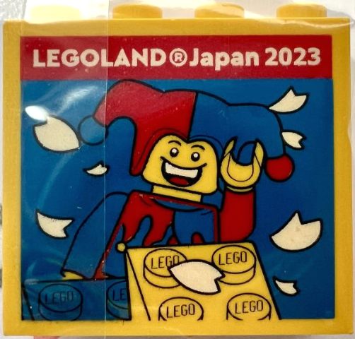 Lego Brick 2 x 4 x 3 with LEGOLAND Japan 2023, Jester Minifigure and Yellow and Blue Bricks Pattern