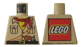Lego Torso Safari Shirt with Buttons and Pockets, Black Belt with Buckle, Red Neckerchief Scarf, Brown Pistol and Thin Ropes, Yellow Neck, LEGO Logo on Back Pattern / Tan
