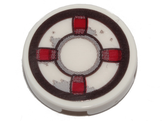 Lego Tile, Round 2 x 2 with Bottom Stud Holder with Dark Red and White Life Preserver, Gray Stains Pattern (Sticker) - Set 70419 / White
