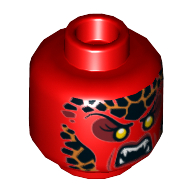 Lego Minifig Head Whiperella, Thin Eyebrows, Yellow Eyes, Black and Orange Scales, Fangs Print [Hollow Stud] / Red