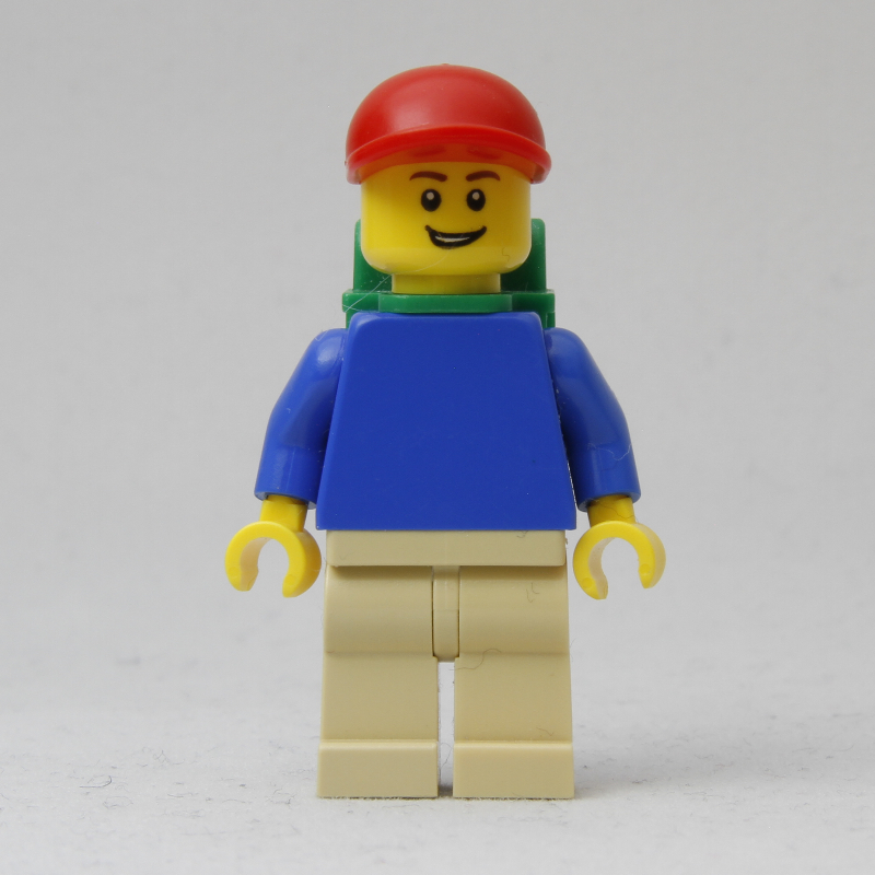 Lego Blue Torso, Tan Legs, Red Cap, Green Backpack