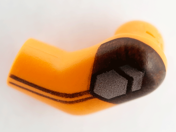 Lego Arm, Left with Black Short Sleeve, Stripes and Pearl Dark Gray Insignia Pattern / Orange