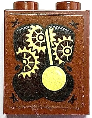 Lego Brick 1 x 2 x 2 with Inside Stud Holder with Gold Clock Pendulum and Gears Pattern (Sticker) - Set 70425