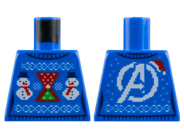 Lego Torso Female Knit Fair Isle Holiday Sweater with Bright Green Tree on Red Black Widow Hourglass Logo, White Snowmen, Avengers Logo with Santa Hat on Back Pattern / Blue