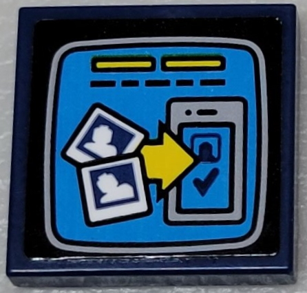 Lego Tile 2 x 2 with TV Screen with 2 Minifigure Photos, Yellow Arrow and Check Mark on Smartphone Pattern (Sticker) - Set 10303 / Dark Blue
