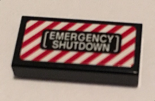Lego Tile 1 x 2 with 'EMERGENCY SHUTDOWN' over Red and White Danger Stripes Pattern (Sticker) - Set 70909 / Black