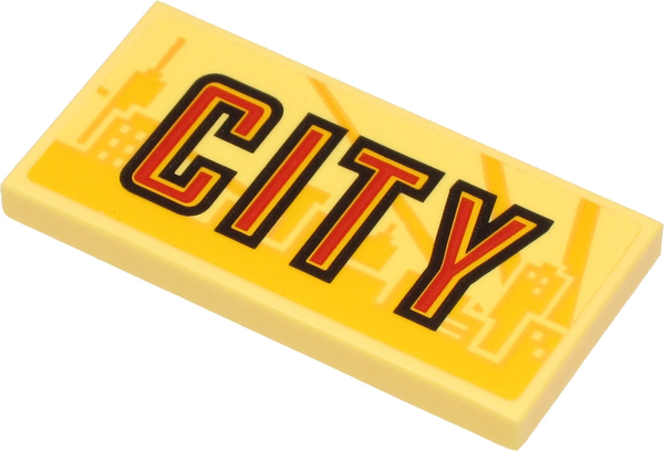Lego Tile 2 x 4 with Red and Black 'CITY' on Bright Light Yellow Background and Yellow Skyline Pattern (Sticker) - Set 60271