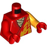 Lego Torso, Odd Arms, Robe, Bright Orange Flames, Tan Shirt print, Left Bright Orange Arm, Right Red Arm, Red Hands / Red