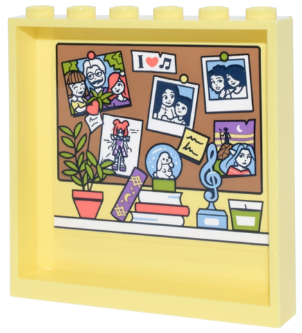 Lego Panel 1 x 6 x 5 with Bulletin Board with Photos, Notes and Pins, Shelf with Plant, Books and Treble Clef Statue Pattern (Sticker) - Set 42647 / Bright Light Yellow