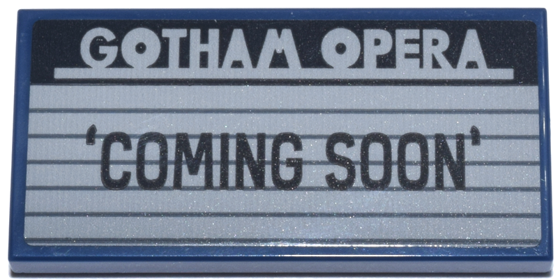 Lego Tile 2 x 4 with Light Bluish Gray 'GOTHAM OPERA' Marquee Sign with Dark Bluish Gray Lines and Black 'COMING SOON' Pattern (Sticker) - Set 76271