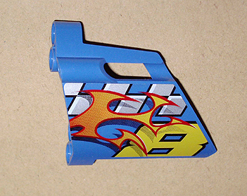 Lego Technic, Panel Fairing #23 Large Short, Small Hole, Side B with Yellow Number 8, Flames, and Checkered Pattern (Sticker) - Set 8646 / Blue