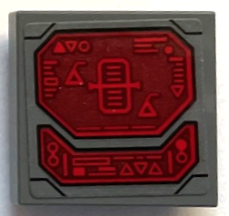 Lego Tile, Modified 2 x 2 Inverted with Dark Red Control Panel Screen with Lines, Triangles and Black Outline Pattern (Sticker) - Set 76255 / Dark Bluish Gray