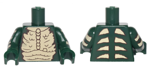 Lego Torso Tan Bare Chest with Bones and Spikes Pattern / Dark Green Arms with Tan Stripes Pattern / Dark Green Hands