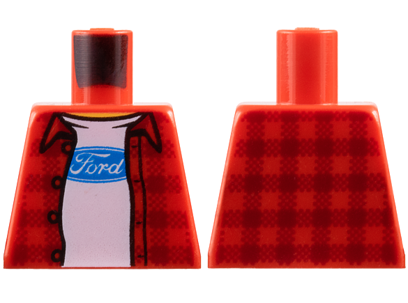 Lego Torso Plaid Flannel Shirt Open over White T-Shirt with Ford Logo, Yellow Neck Pattern / Red