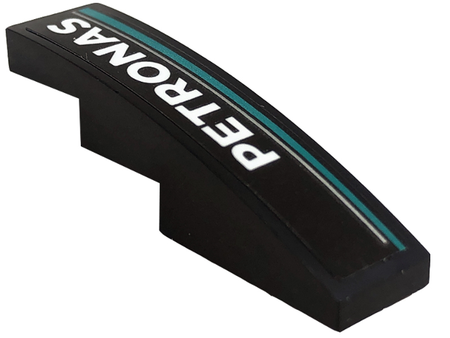 Lego Slope, Curved 4 x 1 with White 'PETRONAS', Silver and Dark Turquoise Lines Pattern Model Right Side (Sticker) - Set 76909
