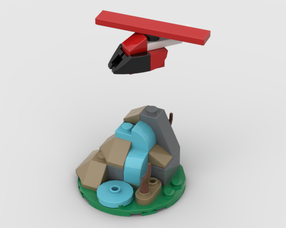 Lego Helicopter flying over a mountain