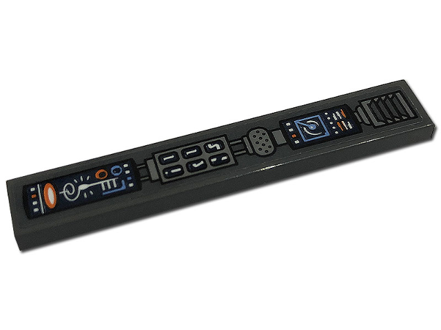Lego Tile 1 x 6 with Control Panel, Displays, Buttons, and Air Vent Pattern Model Left Side (Sticker) - Set 76193 / Dark Bluish Gray