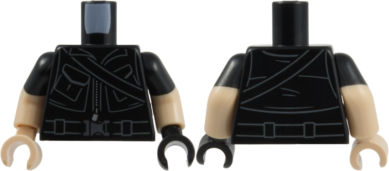 Lego Torso Jacket with Silver Zipper and Buckle, Pockets, Strap and Belt, Dark Bluish Gray Folds and Seams Pattern / Light Nougat Arms with Molded Black Short Sleeves Pattern / Black Hand Left / Light Nougat Hand Right
